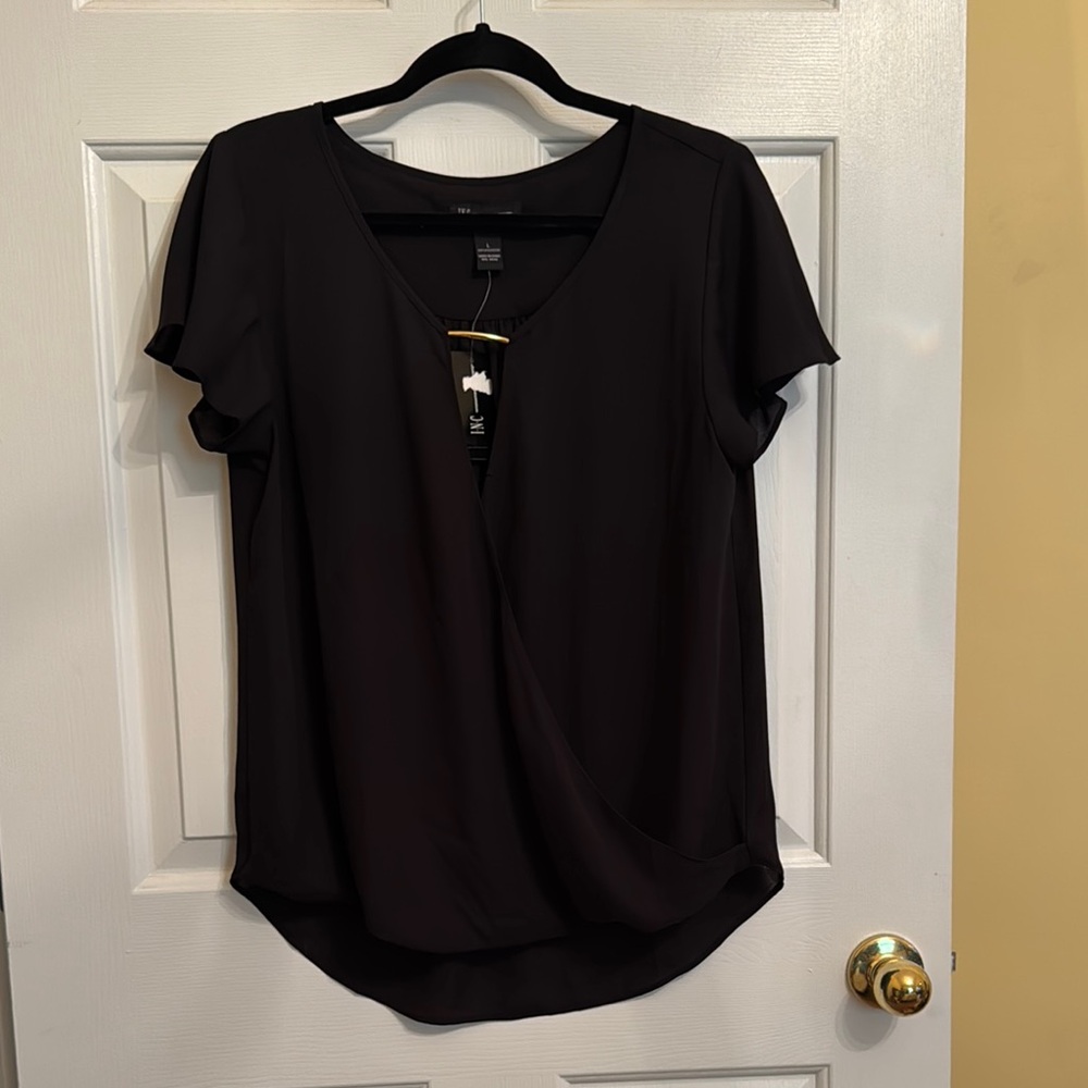INC International Concepts Black Wrap Short Sleeve Blouse